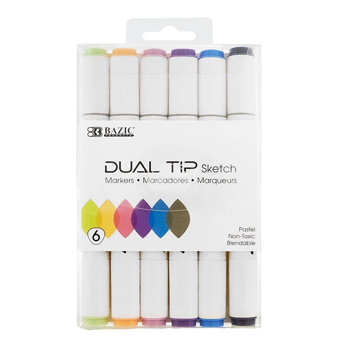 Dual Tip Sketch Markers, Pastel, Brush & Chisel, 6 Colors